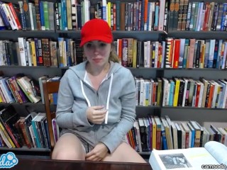 Teen Latina In Public Library Showing Off Her Huge Tits And Massaging Her Pussy